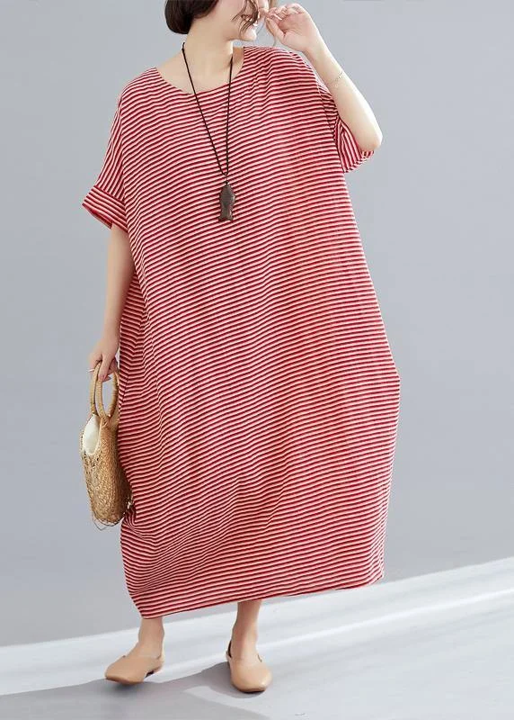 Super Deal DIY red striped cotton tunics for women Plus Size Tutorials o neck A Line Summer Dresses