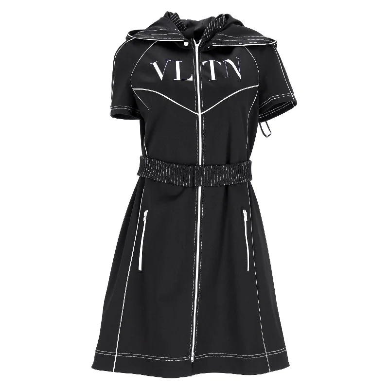 Exclusive Deal Valentino Garavani VLTN Belted Zipped Mini Dress with Hood in Black Polyester