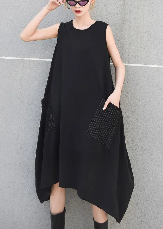 Closeout Beautiful black striped pockets cotton clothes sleeveless Maxi summer Dresses Closeout Beautiful black striped pockets cotton clothes sleeveless Maxi summer Dresses