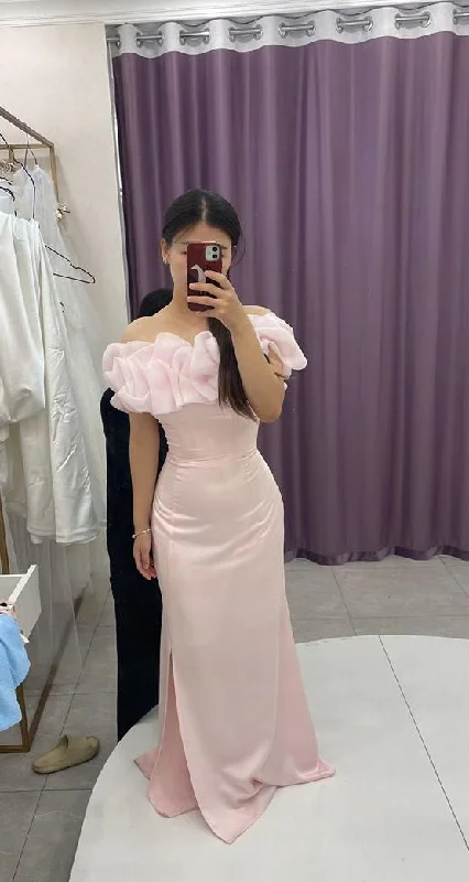 Closeout Elegant Pink Off Shoulder Sheath Satin Long Party Dress Birthday Dress, DP4485 Closeout Elegant Pink Off Shoulder Sheath Satin Long Party Dress Birthday Dress, DP4485