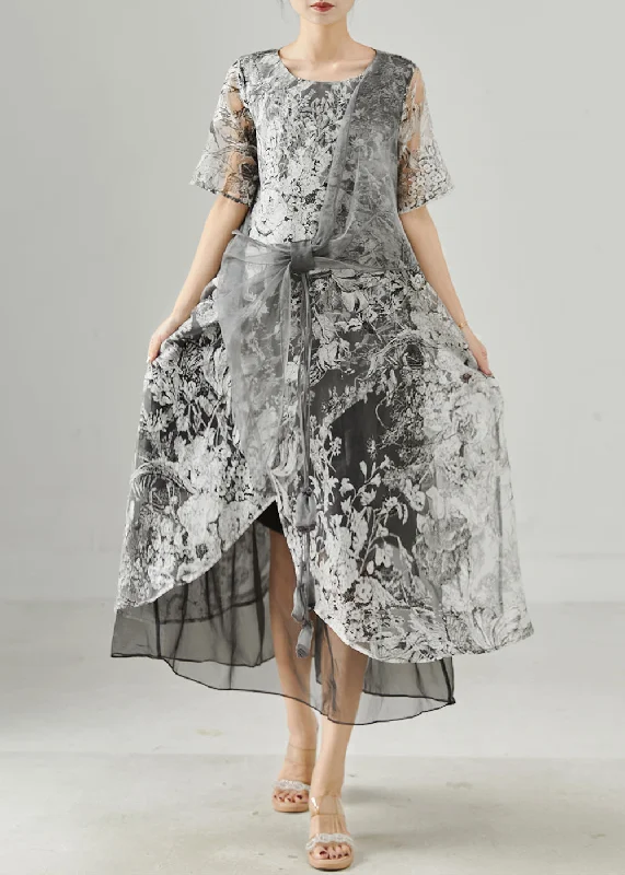 New Deals Casual Grey Print Tulle Vacation Dresses Summer