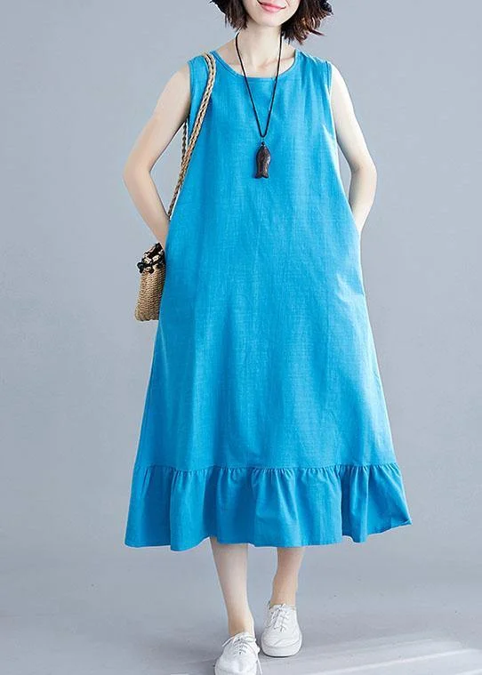 Holiday Sale Elegant blue cotton clothes For Women o neck sleeveless A Line summer Dresses