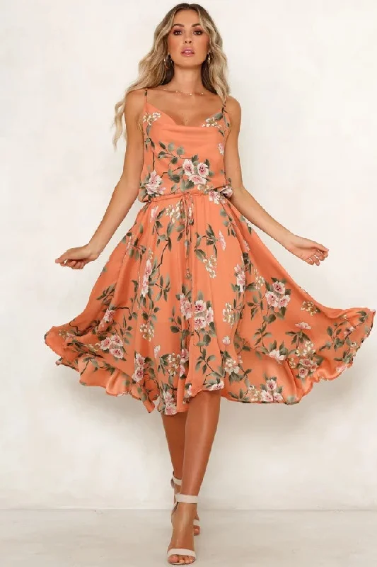 Year-End Clearance Free Shipping Cowl Neck Orange Floral Summer Dress