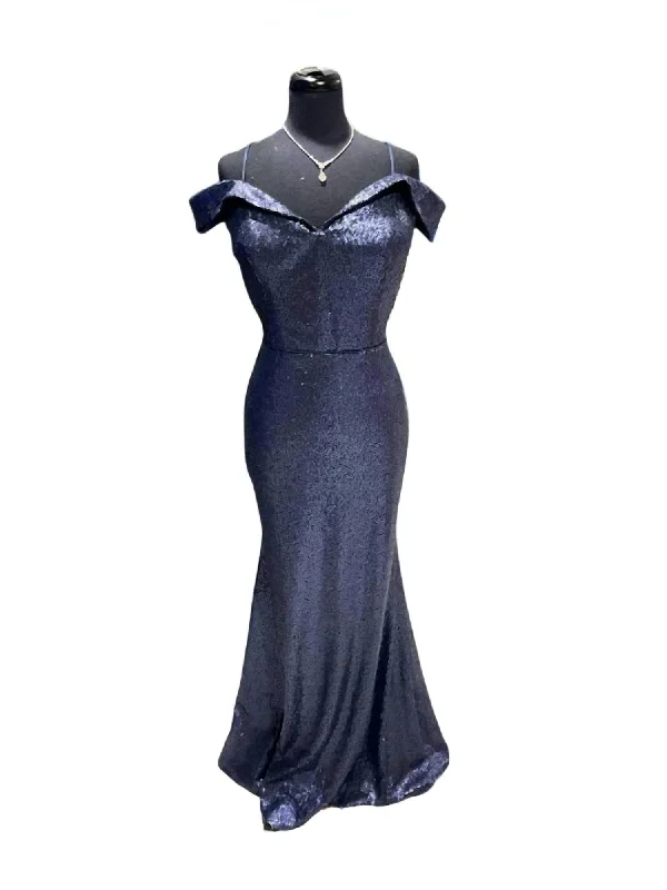 Reduced Prices Women's Off Shoulder Sequin Gown In Navy Matte