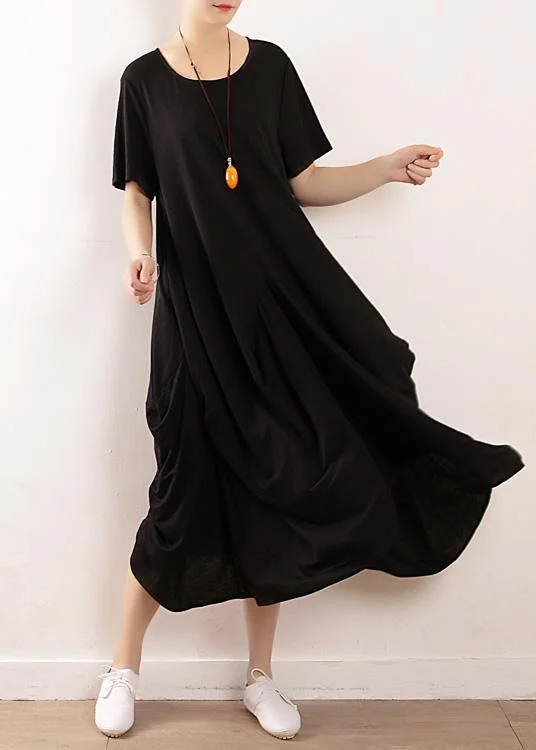 Sneak Peek Sale French black linen quilting dresses Fitted Sleeve big hem A Line summer Dress