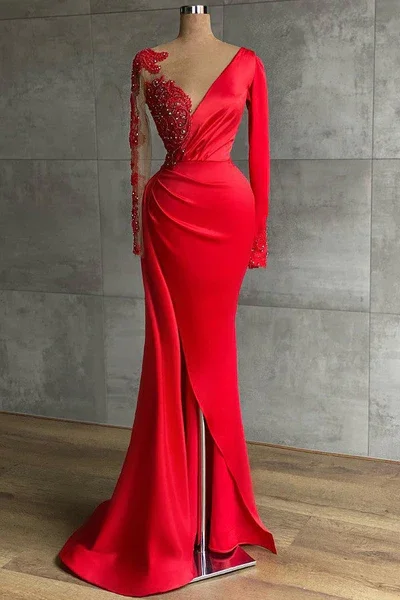 Buy Now Red Long Sleeves V Neck Mermaid Prom Dress with Beadings, DP2214