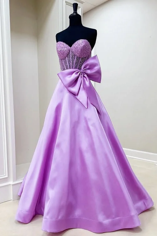 Deal Dash Sweetheart Strapless A-Line Empire Beaded Prom Dress With Bow