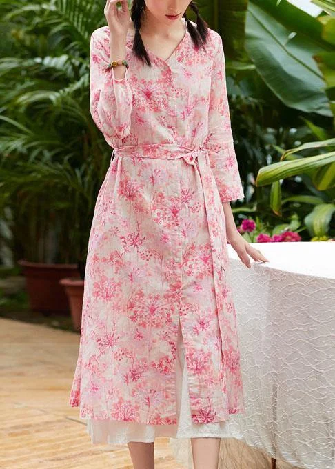 Low Prices Classy pink print linen clothes v neck tie waist Maxi summer Dress