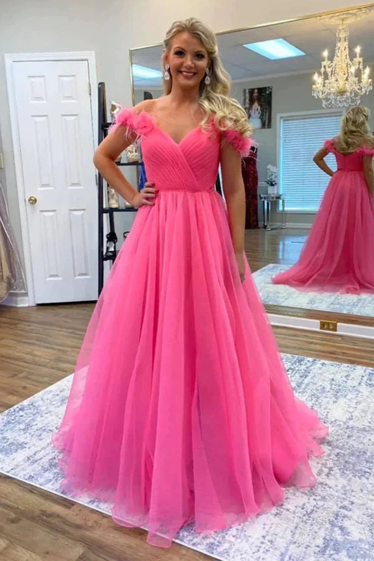 Referral Discount Pink Tulle A-Line Off-Shoulder Empire Long Party Prom Dress