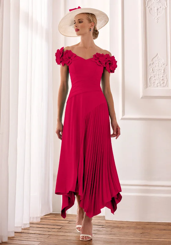 Midnight Sale John Charles Floral Bardot A-Line Midi Dress, Ruby Pink