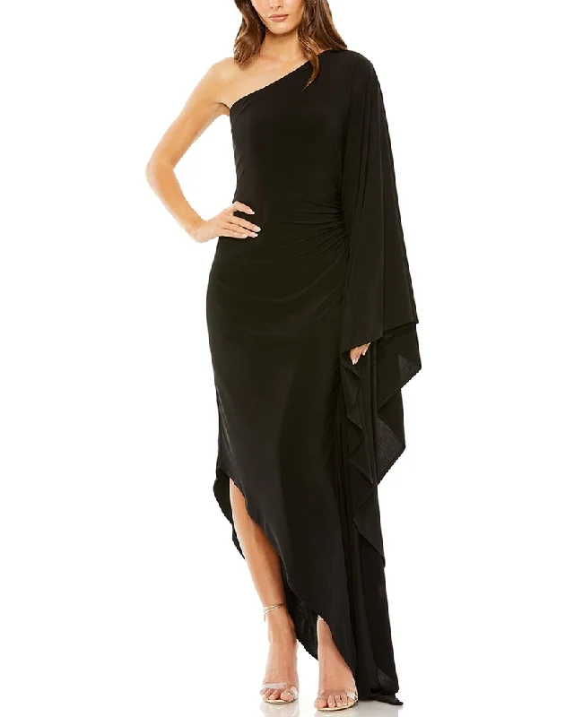 New Deals Mac Duggal One-Shoulder Ruched Detail Jersey Cape Sleeve Gown
