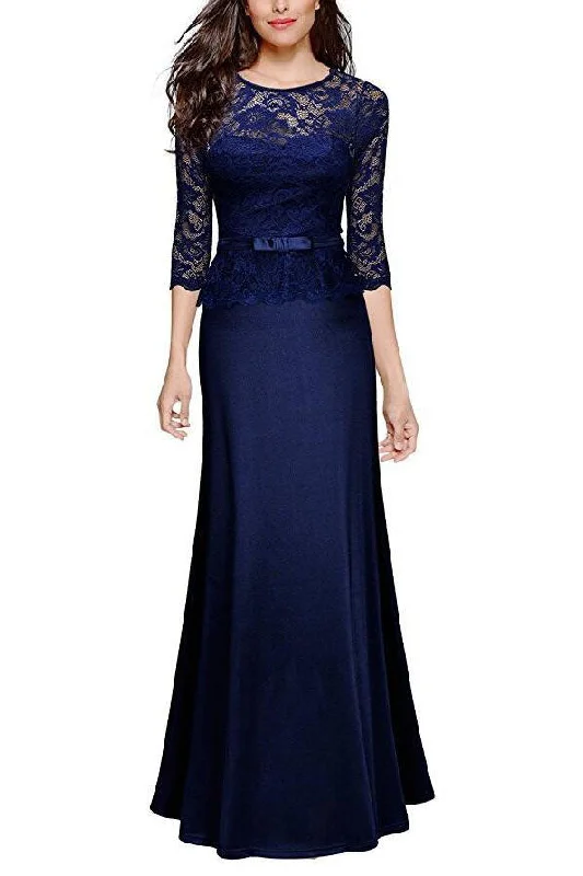 Limited Time Offer 3/4 Sleeves Sheath Lace Navy Blue Long Party Dress