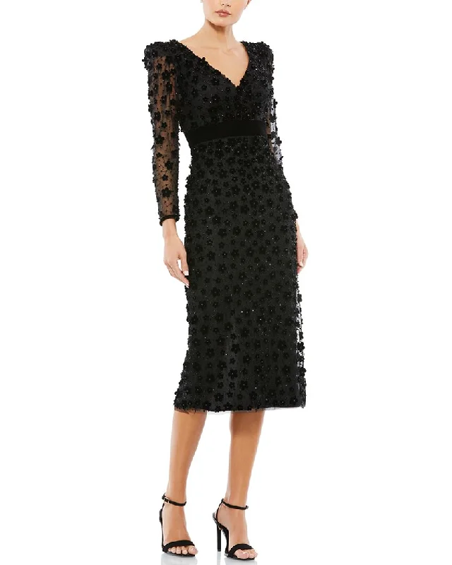 Exclusive Deal Mac Duggal Embellished V-Neck Illusion Column Midi Dress