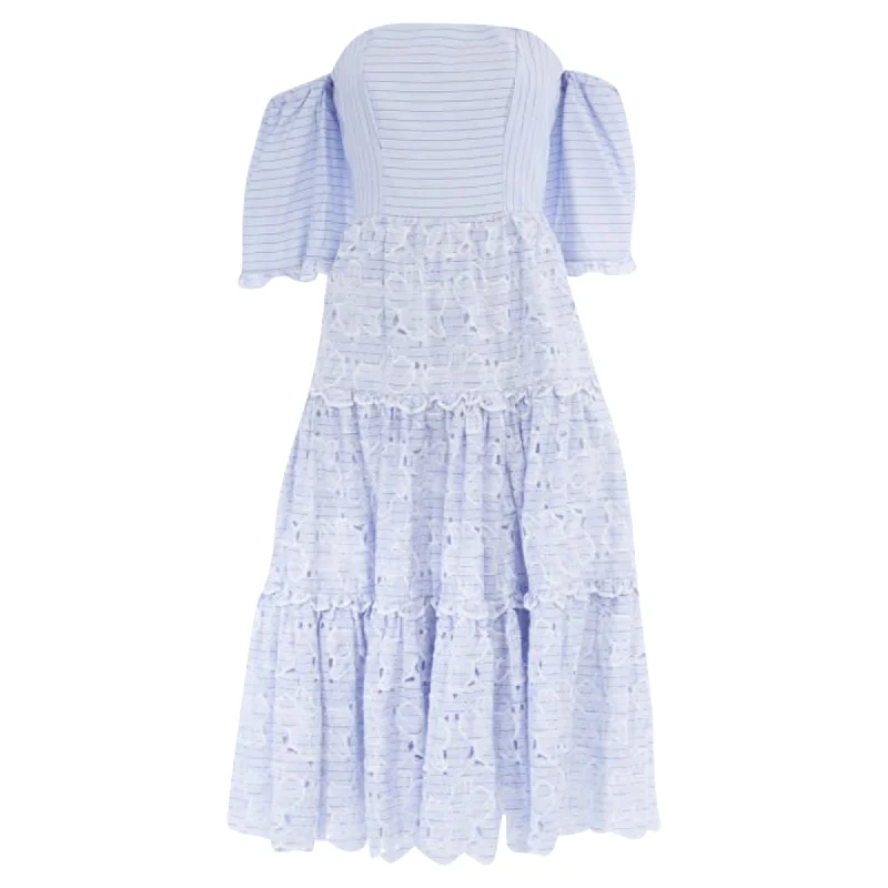 New Arrival Erdem striped floral embroidery off shoulder cotton dress