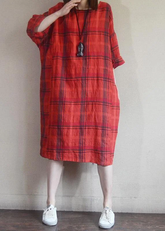 Great Deals Chic Cotton tunic top 2024 Vintage Plaid Round Neck Cotton Linen Dress