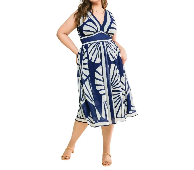 Closeout Ella V-Neck A Line Midi Dress In Navy