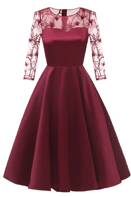 Fantastic Offers Illusion Sleeves Burgundy Satin Party Dress with Lace