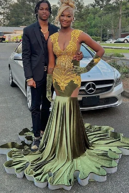 Hurry In Olive Green Velvet Appliques Black Girl Mermaid Long Party Dress, DP2112
