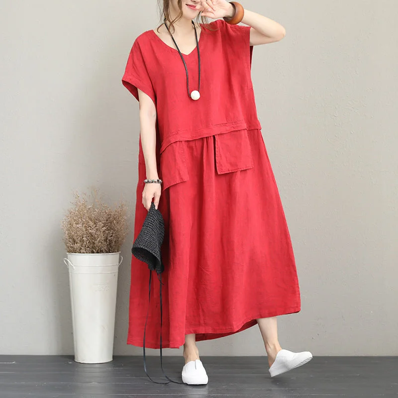 Overstock Sale fashion red long linen dress Loose fitting v neck linen clothing dress women two big pockets maxi dresses Overstock Sale fashion red long linen dress Loose fitting v neck linen clothing dress women two big pockets maxi dresses