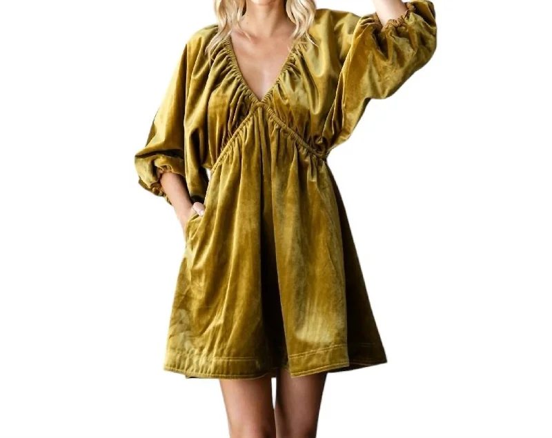 Hot Deal Velvet Puff Sleeve Deep V-Neck Short Dress In Moss