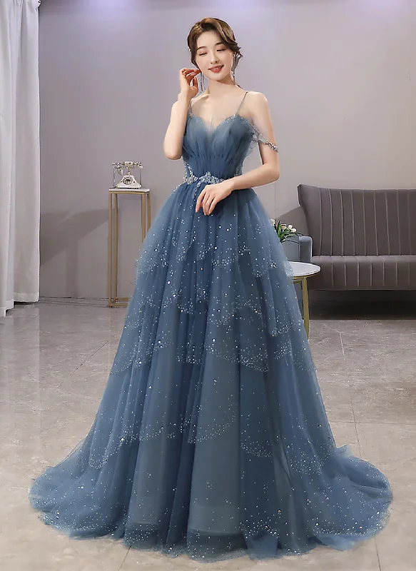 Grand Opening Sale Blue Shiny Tulle Layers Straps Beaded Long Prom Dress A-Line Evening Gown, DP2079 Grand Opening Sale Blue Shiny Tulle Layers Straps Beaded Long Prom Dress A-Line Evening Gown, DP2079