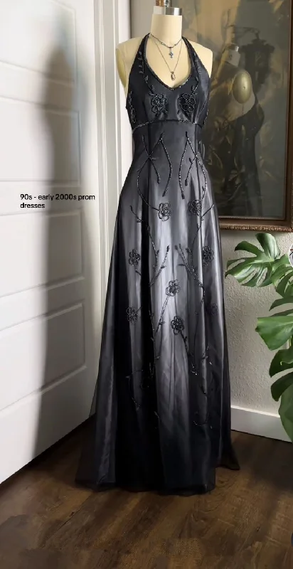 Price Reduction Grey Halter A-Line Beading 90s Vintage Long Prom Dress Evening Gown, DP4470