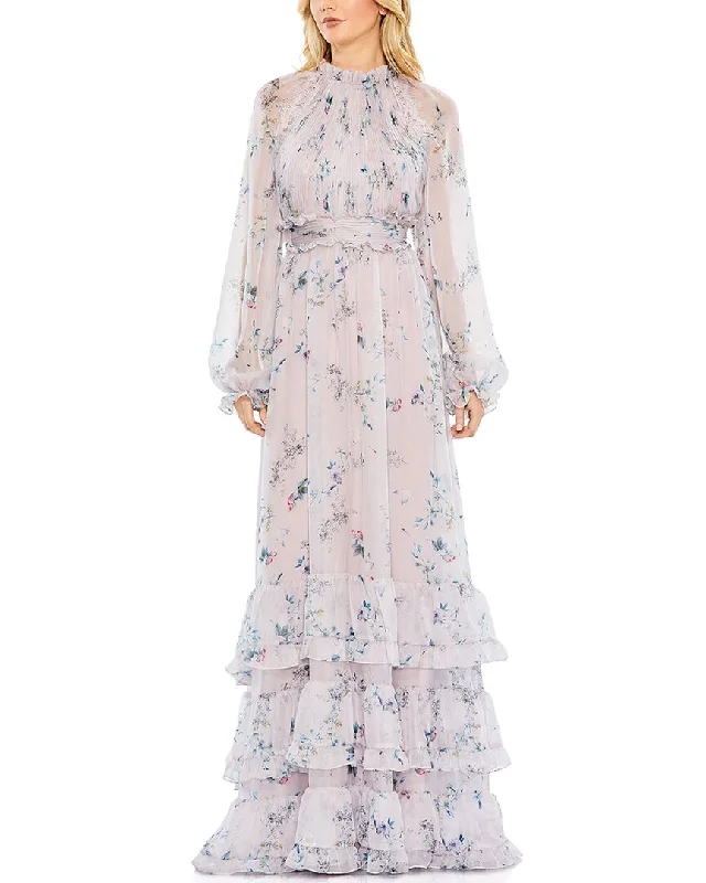 Hurry In Mac Duggal Floral Print Ruched Raglan Tiered Gown