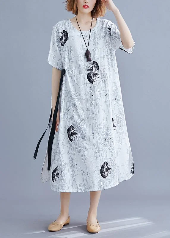 Act Now Classy white print dresses o neck tie waist daily summer Dresses
