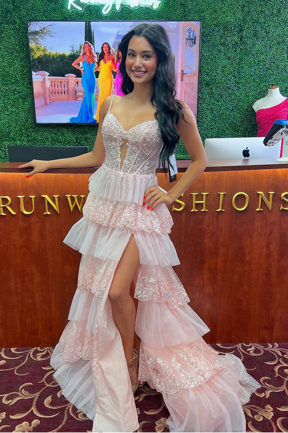Price Cut Pink A-Line Sweetheart Tiered Lace Party Prom Dress