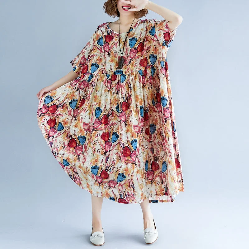 Huge Discounts fine yellow long linen dress oversized short sleeve print cotton gown 2018 O neck linen cotton dress