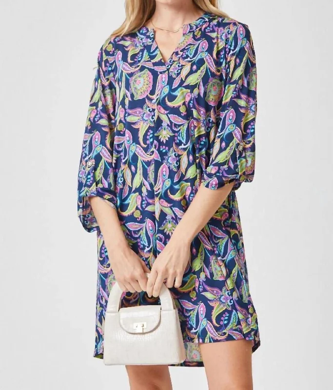 Closeout Lizzy Dress - Plus In Navy Neon Floral Scroll