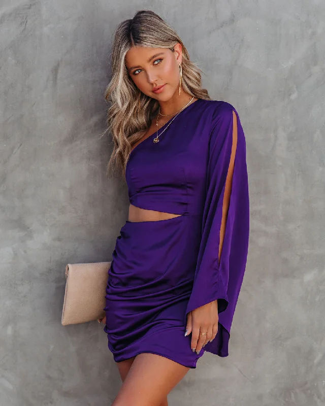 Weekend Deal KittenAlarm - Caydan Satin One Shoulder Cutout Dress - Plum - FINAL SALE Weekend Deal KittenAlarm - Caydan Satin One Shoulder Cutout Dress - Plum - FINAL SALE