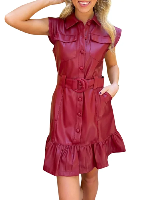 Bargain Blast Eclair Belted Faux Leather Mini Dress In Red