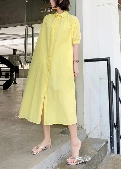 Shop and Save 100% yellow lapel collar cotton quilting dresses lapel collar loose Dress