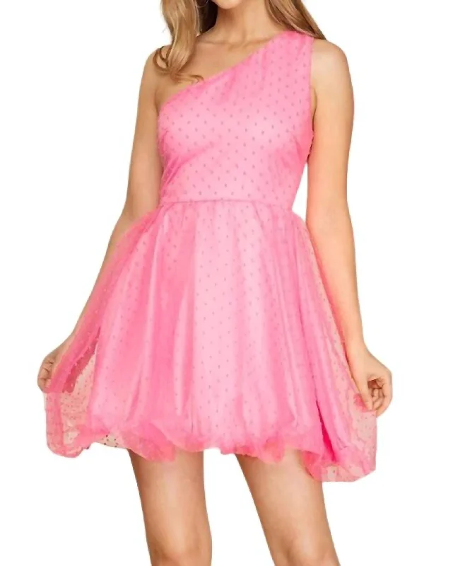 Discount Extravaganza One Shoulder Polka Dot Organza Mini Dress In Pink