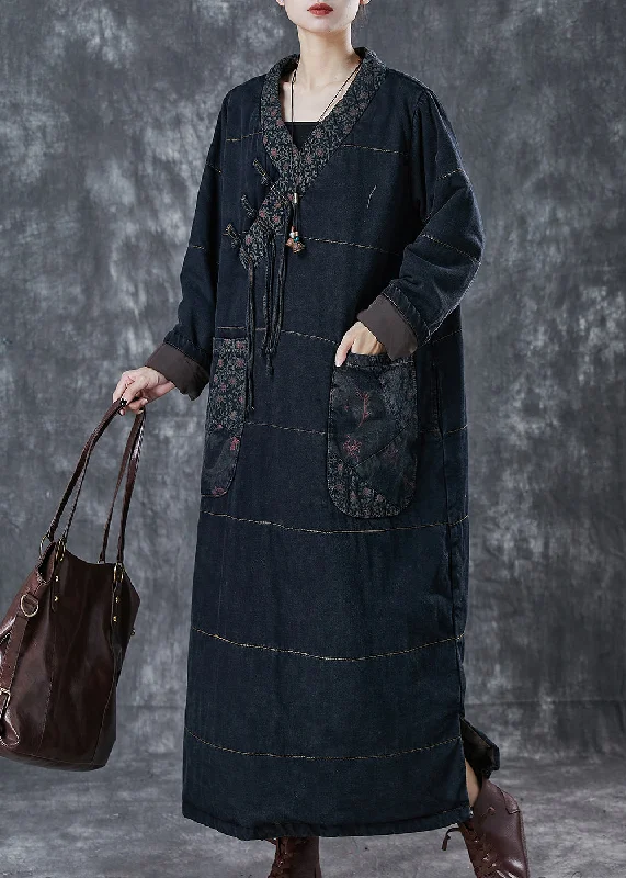 Final Clearance Art Black Chinese Button Patchwork Pockets Cotton Filled Dress Winter