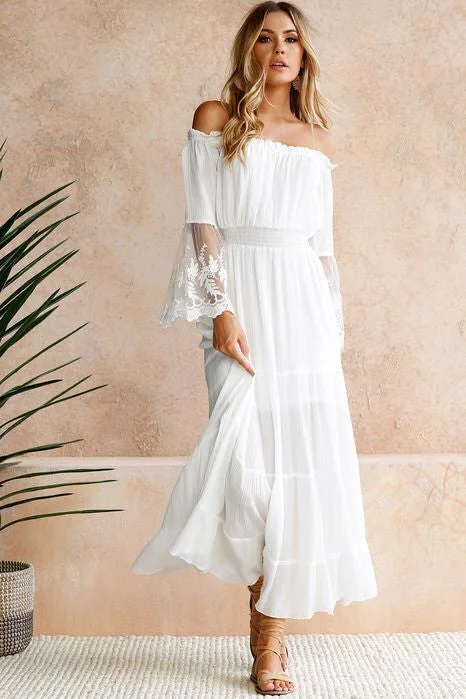 Bonus Savings Off Shoulder Long White Chiffon Summer Dress Beach Dress