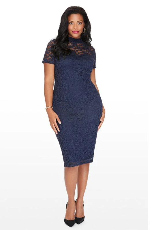 Exclusive Deal Plus Size Illusion Short Sleeves Navy Blue Ankle Length Party Dress