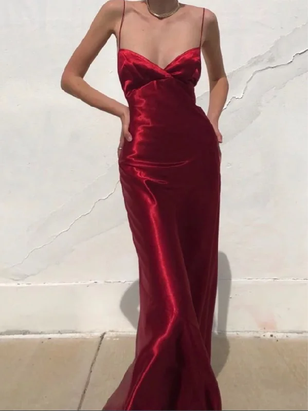 New Markdowns Charming Red Spaghetti Straps Backless Long Party Dress, DP2049