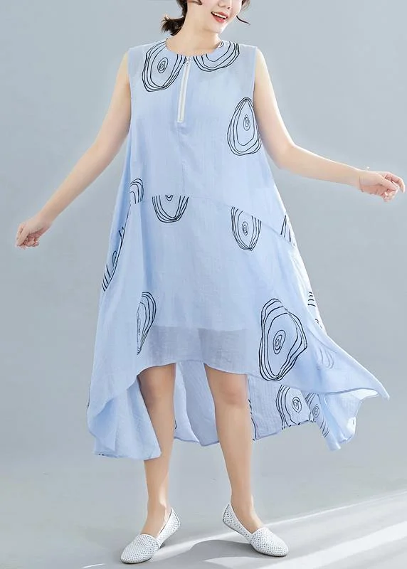Savings Galore Elegant light blue print cotton dress sleeveless low high design loose summer Dresses Savings Galore Elegant light blue print cotton dress sleeveless low high design loose summer Dresses