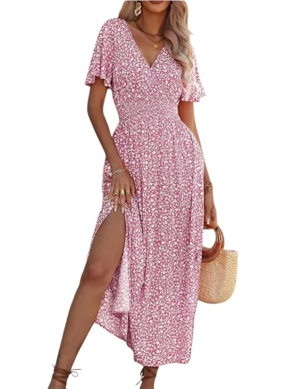 Take Advantage Floral V Neck Midi Dress In Pink