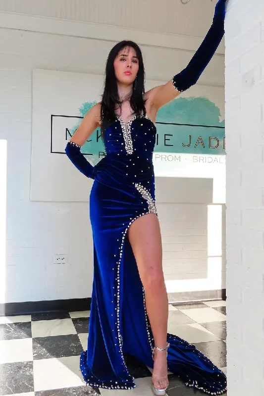 Daily Specials Royal Blue Strapless Velvet Mermaid Long Prom Dress with Beading, DP2138