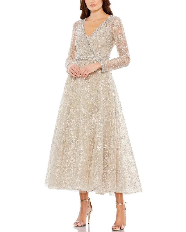 Final Sale Mac Duggal Embellished Wrap Over Midi Dress