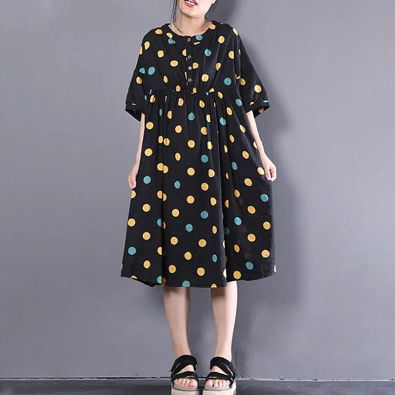 New Deals Fine pure Chiffon dress oversize Loose Short Sleeve Dots Printed Black Pleated Dress