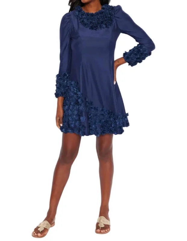 Can't Miss Floral Applique Long Sleeve Dress In Navy