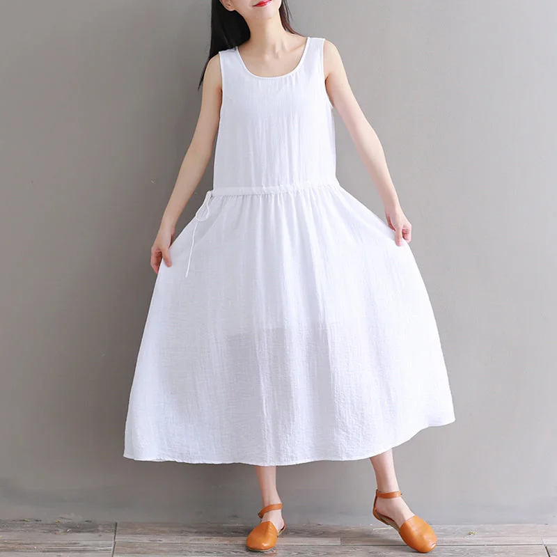 Fantastic Offers Fine white pure cotton linen dress oversize casual dress boutique Sleeveless O neck drawstring cotton linen dress Fantastic Offers Fine white pure cotton linen dress oversize casual dress boutique Sleeveless O neck drawstring cotton linen dress
