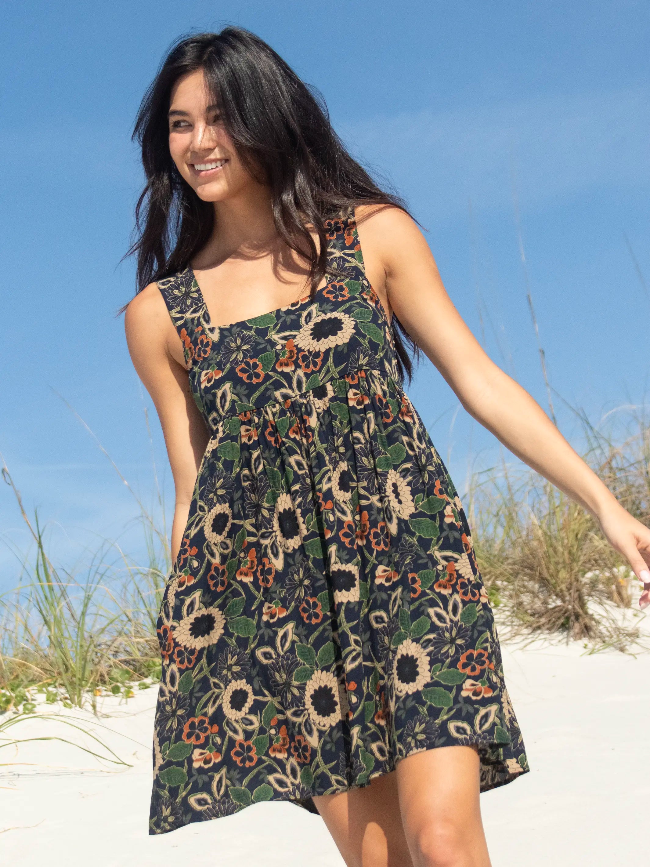 Steals and Deals Tricia Mini Dress - Navy Tan Dahlias