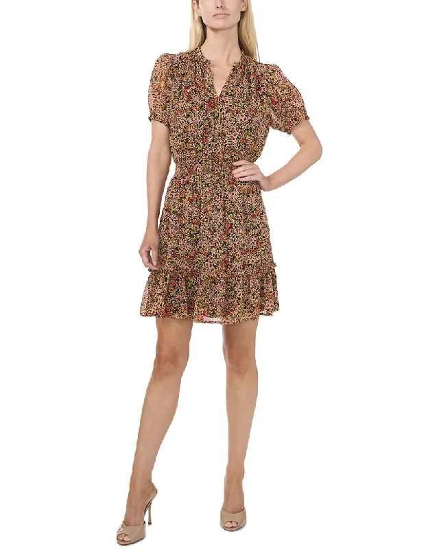 Stock Clearance CeCe Short Sleeve Tie Neck Dress with Bottom Ruffle