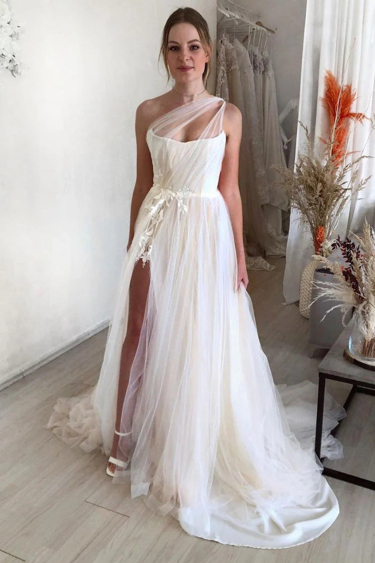 Exclusive Savings One Shoulder Tulle A-Line Beach Wedding Dress