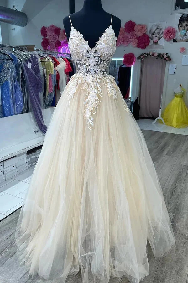 Exclusive Online Offer Tulle A-Line V-Neck Backless Appliques Prom Dress